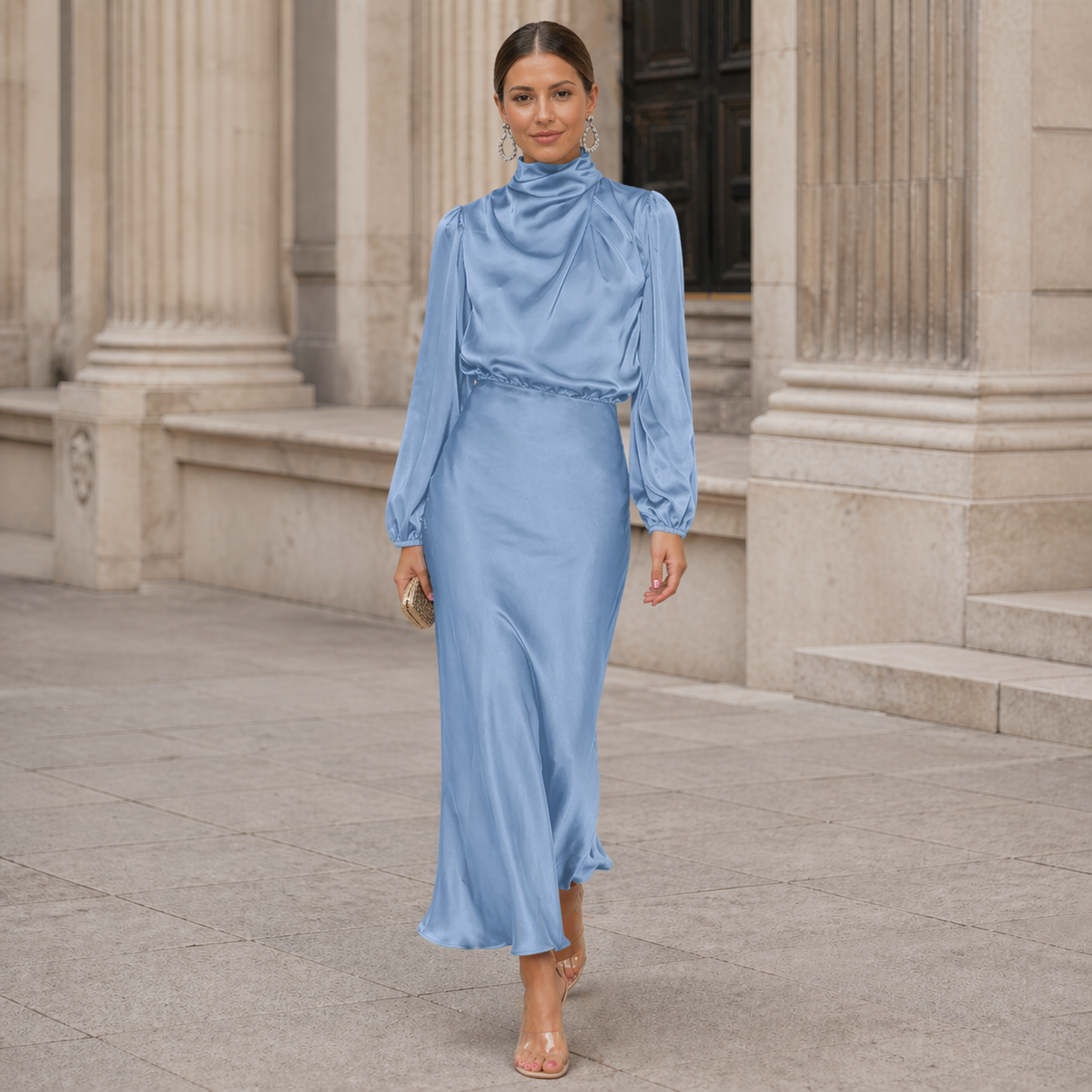 Satin Maxi Dress | Effortless Elegance | High Neckline, Long Sleeves