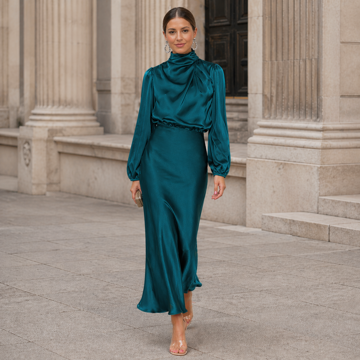 Satin Maxi Dress | Effortless Elegance | High Neckline, Long Sleeves