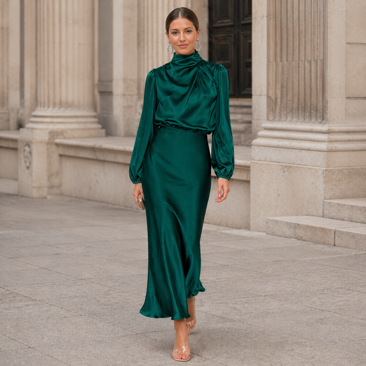 Satin Maxi Dress | Effortless Elegance | High Neckline, Long Sleeves