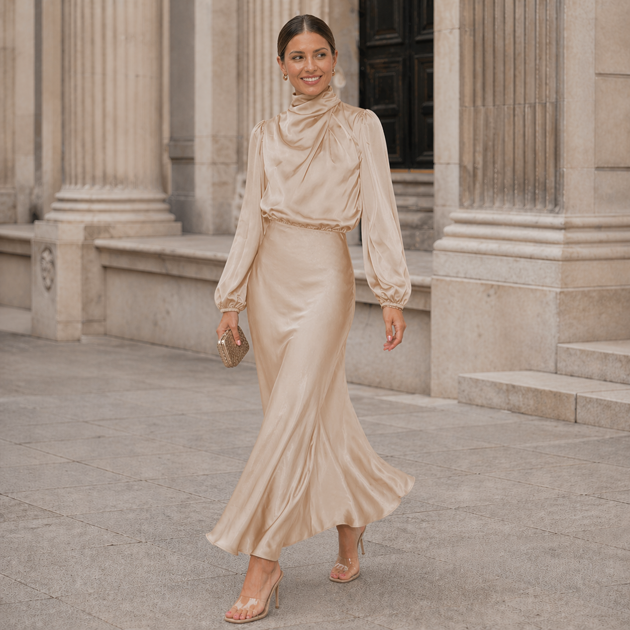 Satin Maxi Dress | Effortless Elegance | High Neckline, Long Sleeves