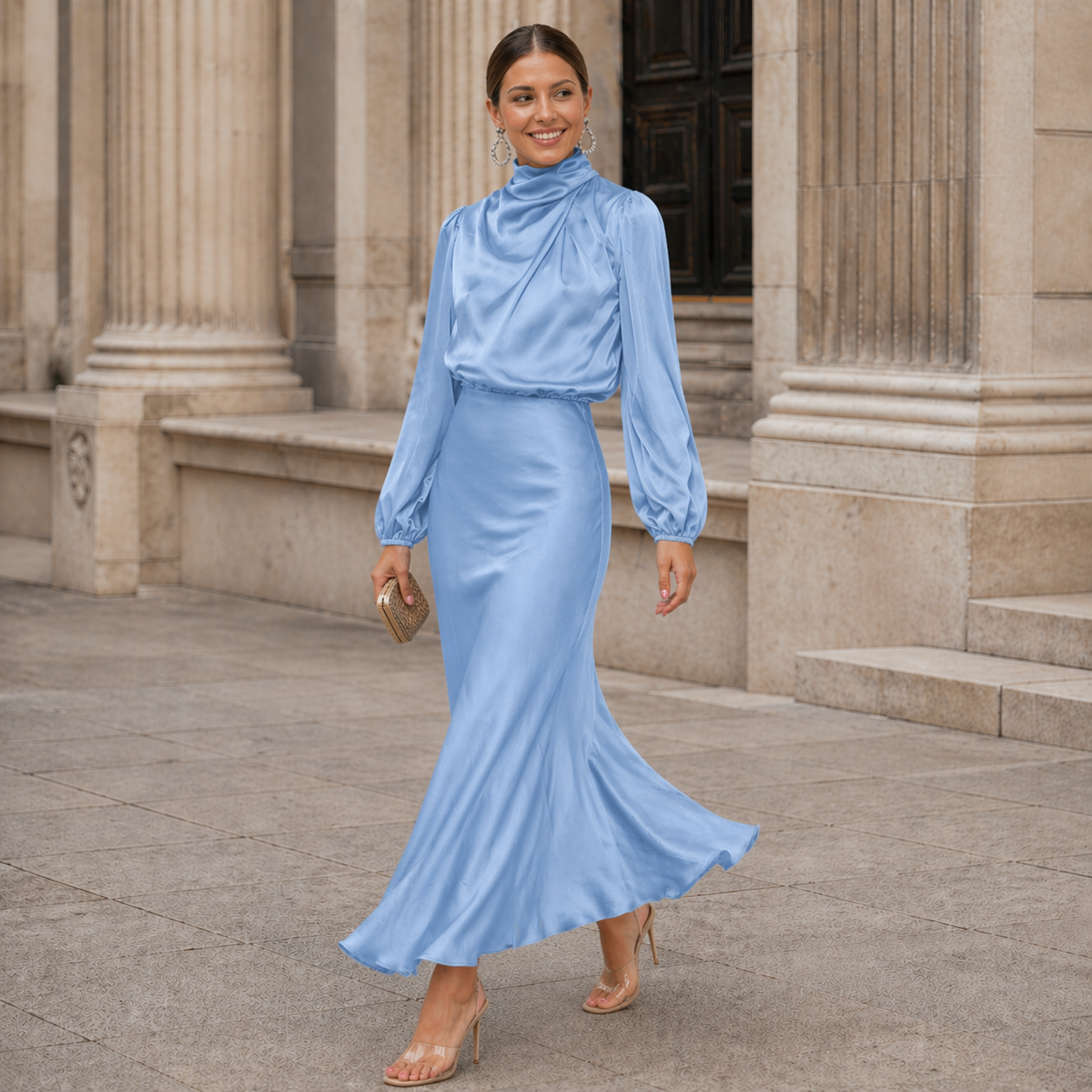 Satin Maxi Dress | Effortless Elegance | High Neckline, Long Sleeves