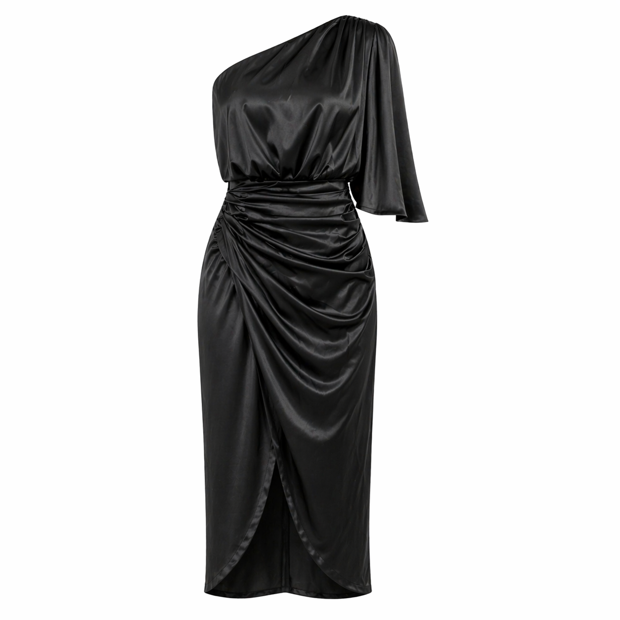 Women's Satin Midi Dress | One-Shoulder Neckline | Draped Design