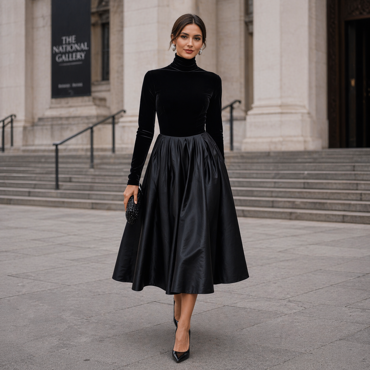 Midi Dress | Black Velvet and Satin, Long Sleeve