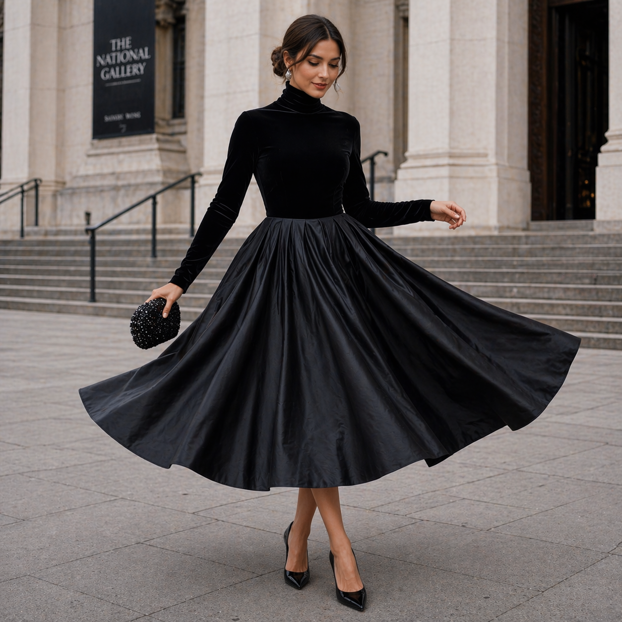 Midi Dress | Black Velvet and Satin, Long Sleeve