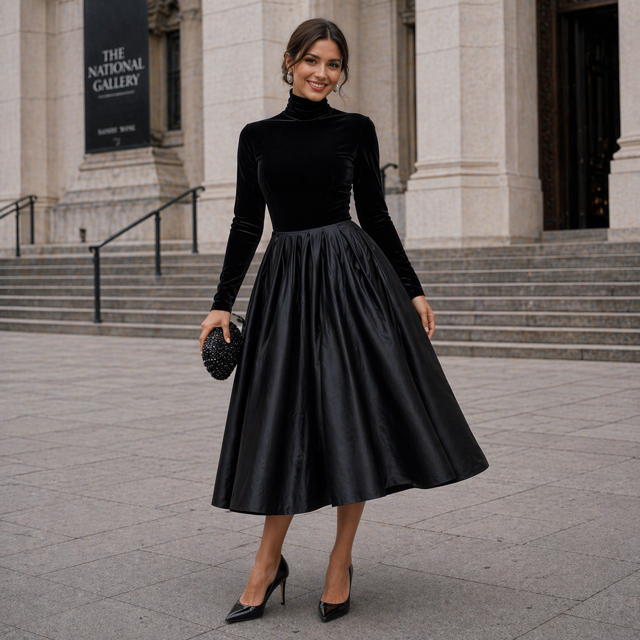 Midi Dress | Black Velvet and Satin, Long Sleeve