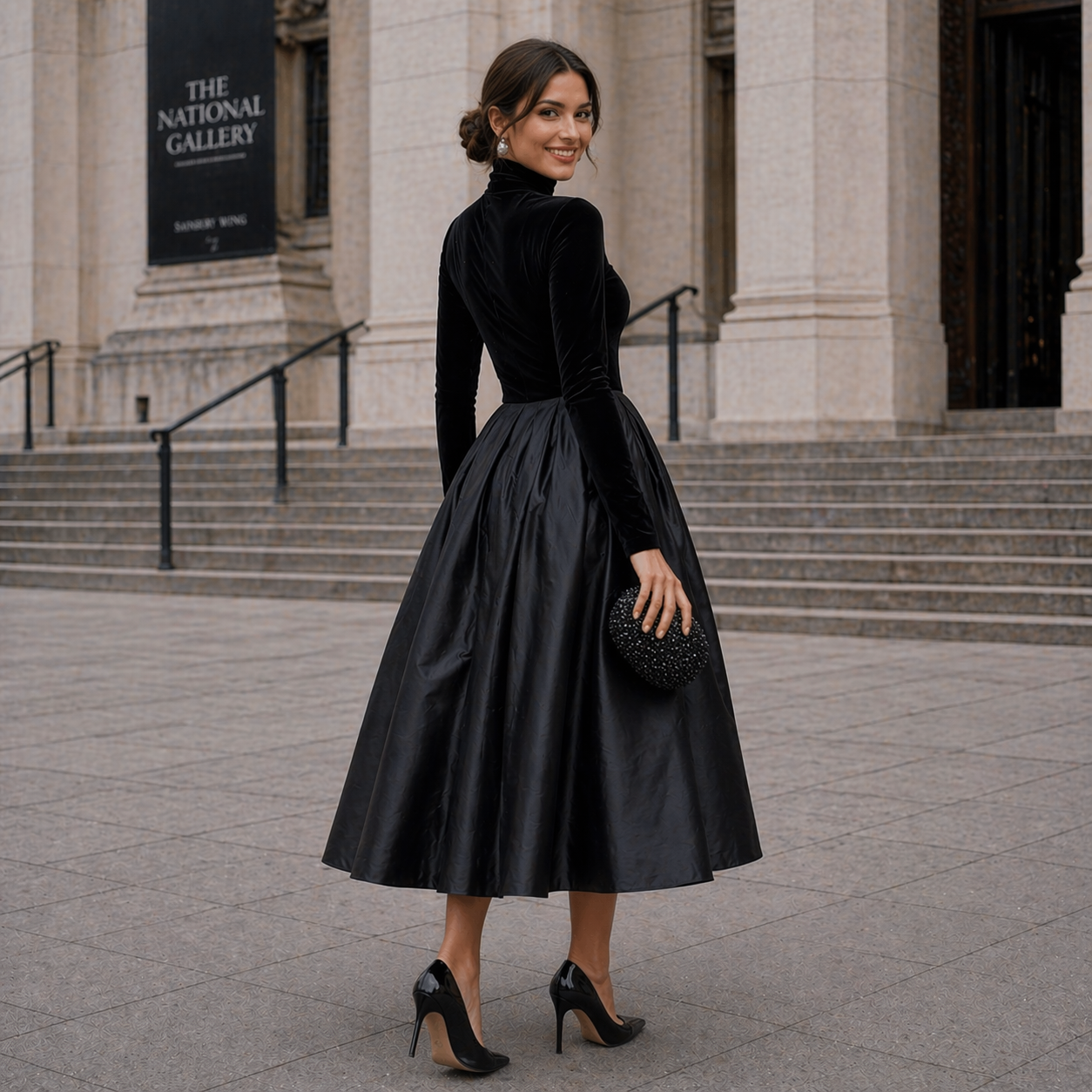 Midi Dress | Black Velvet and Satin, Long Sleeve