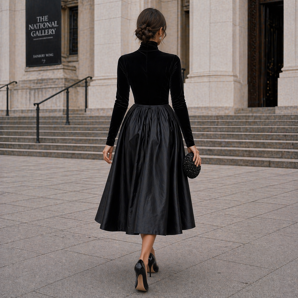 Midi Dress | Black Velvet and Satin, Long Sleeve