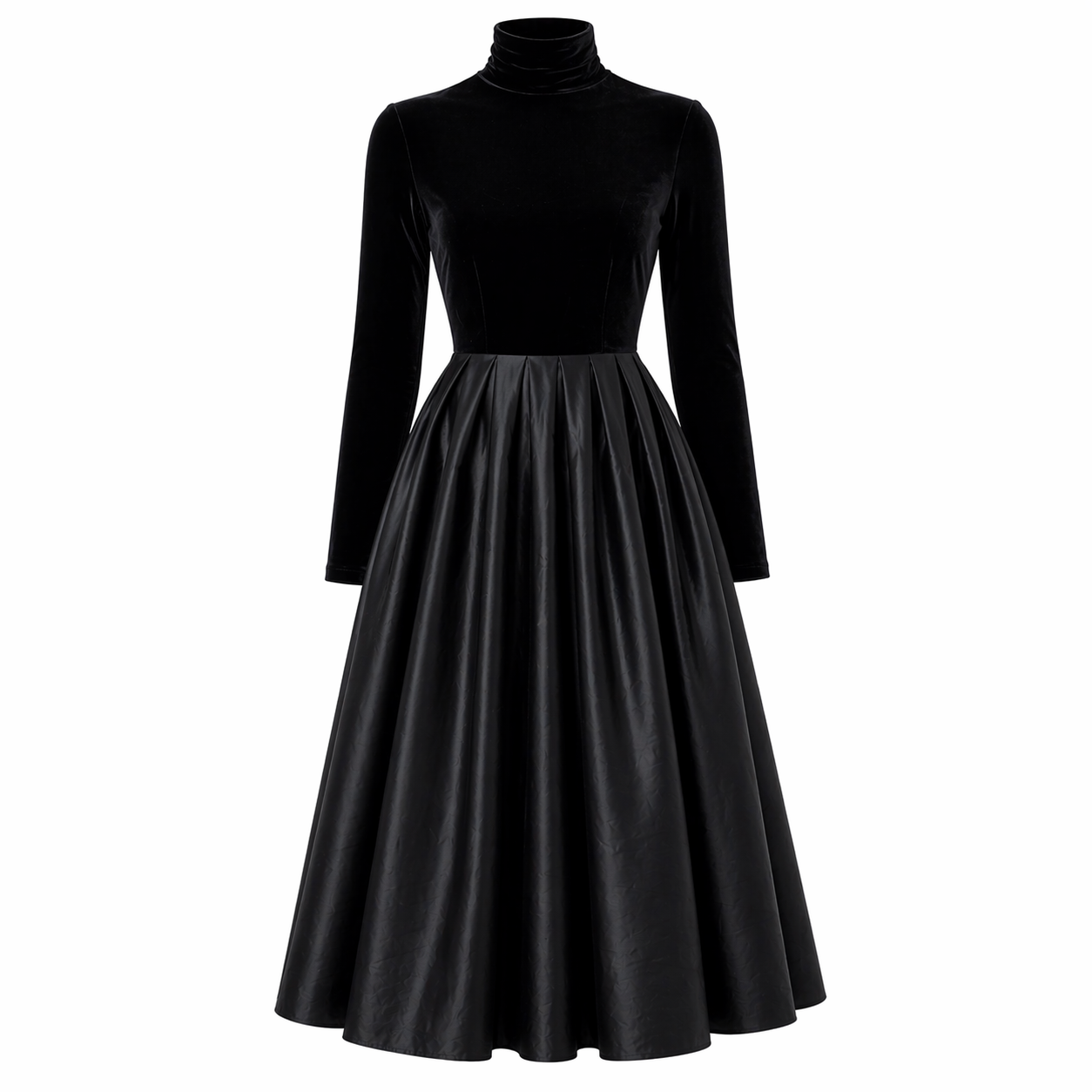 Midi Dress | Black Velvet and Satin, Long Sleeve