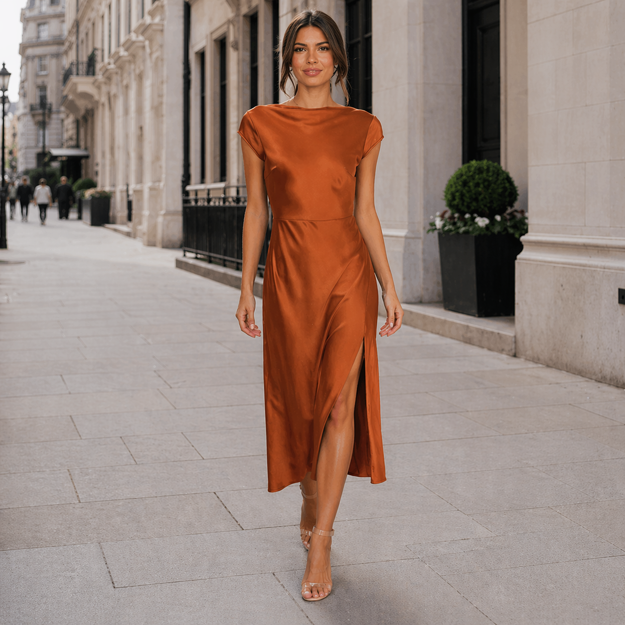 Women's Satin Midi Dress | Cap Sleeves, Side Slit