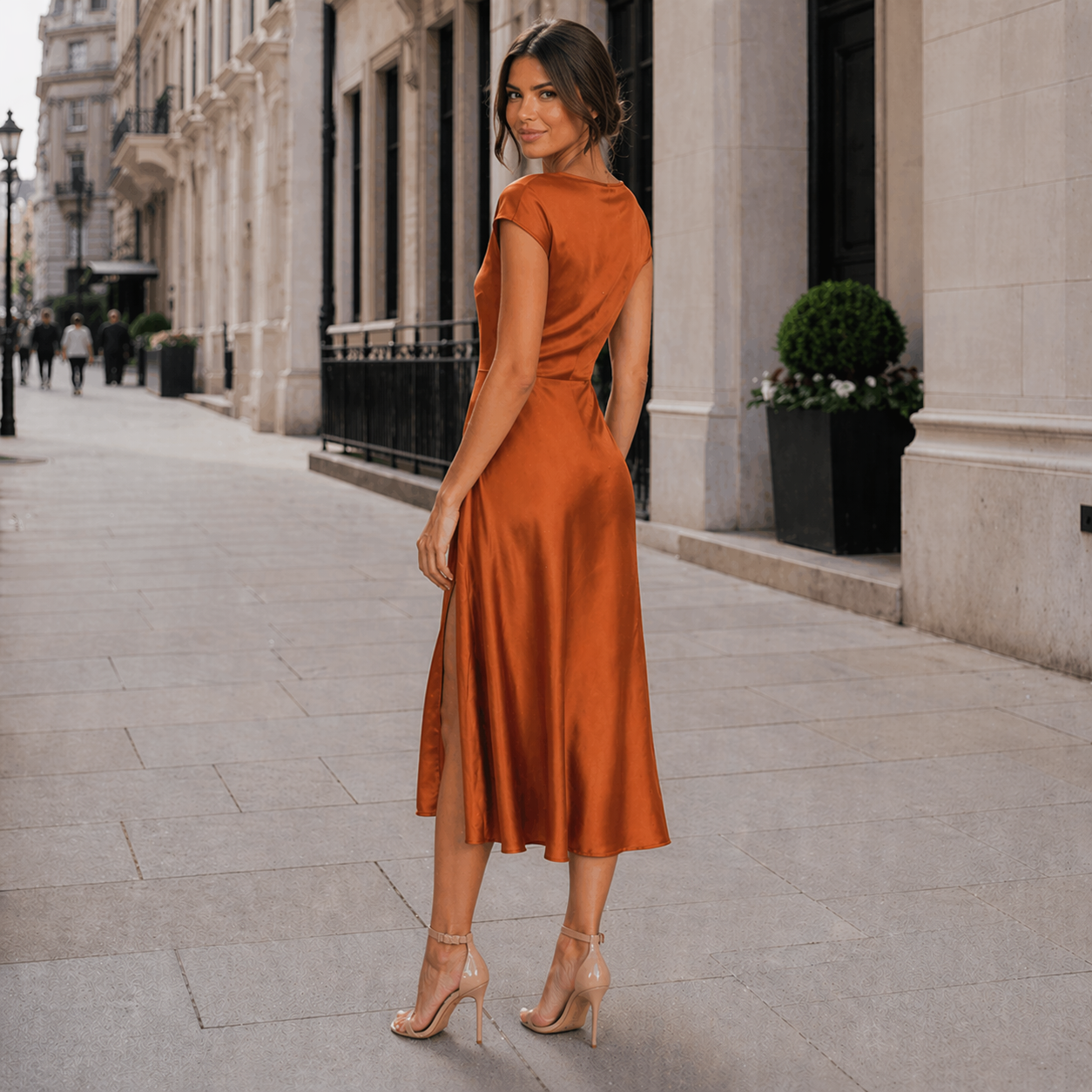 Women's Satin Midi Dress | Cap Sleeves, Side Slit