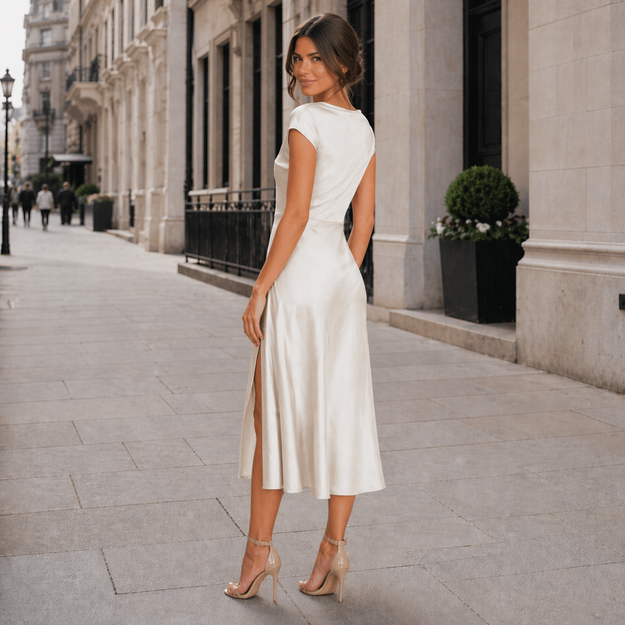 Women's Satin Midi Dress | Cap Sleeves, Side Slit