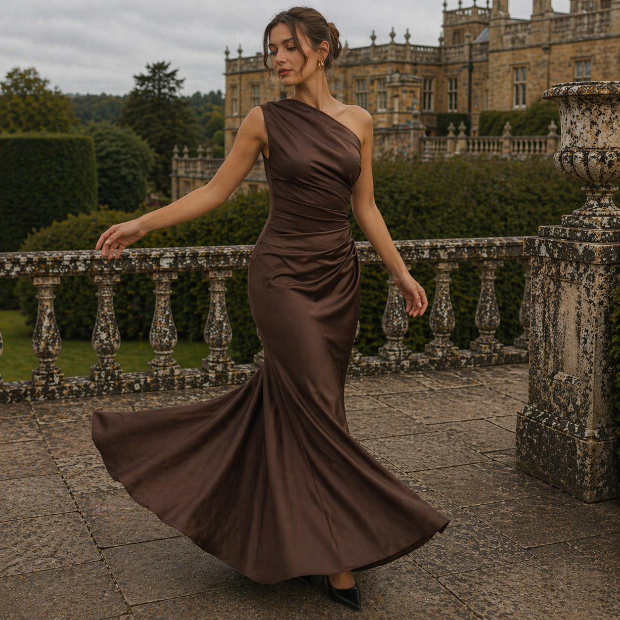 Satin Dress Asymmetrical Long Robe Elegant Fabric