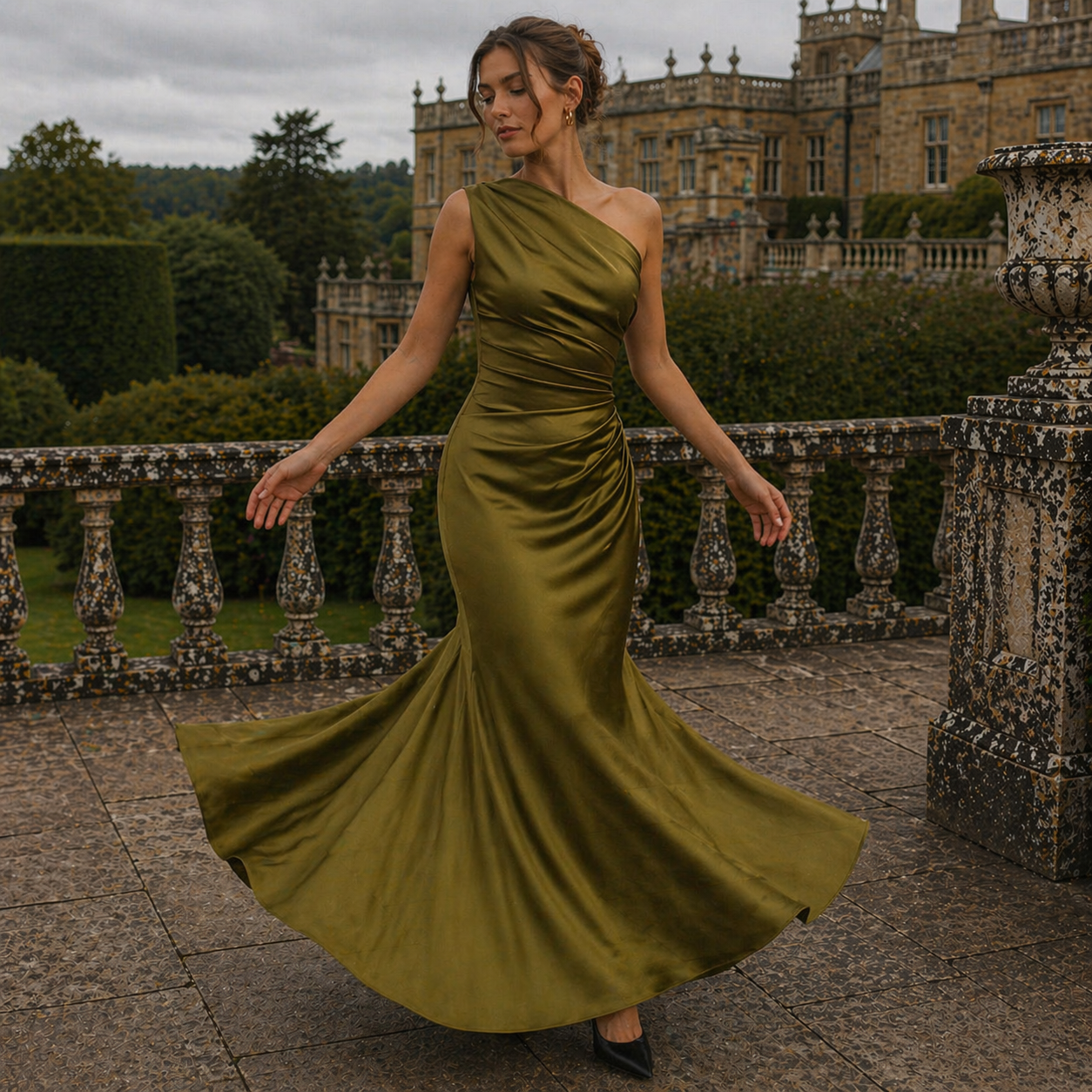 Satin Dress Asymmetrical Long Robe Elegant Fabric