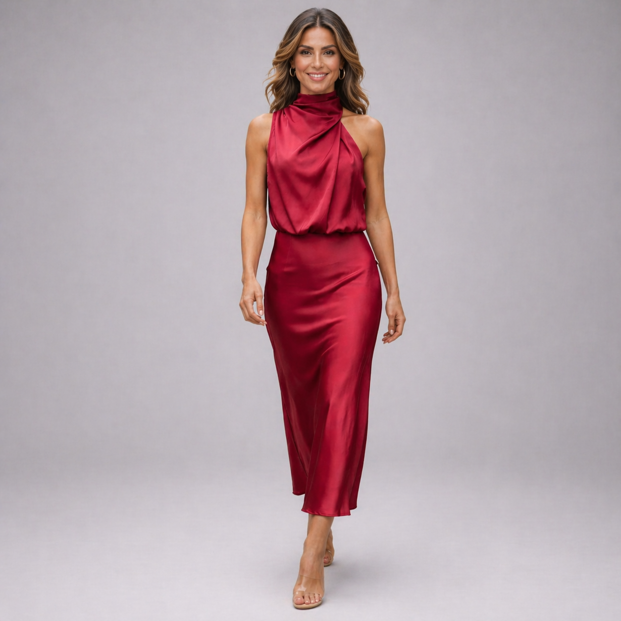 Women's Satin Midi Dress | Halter Neckline, Front Draped