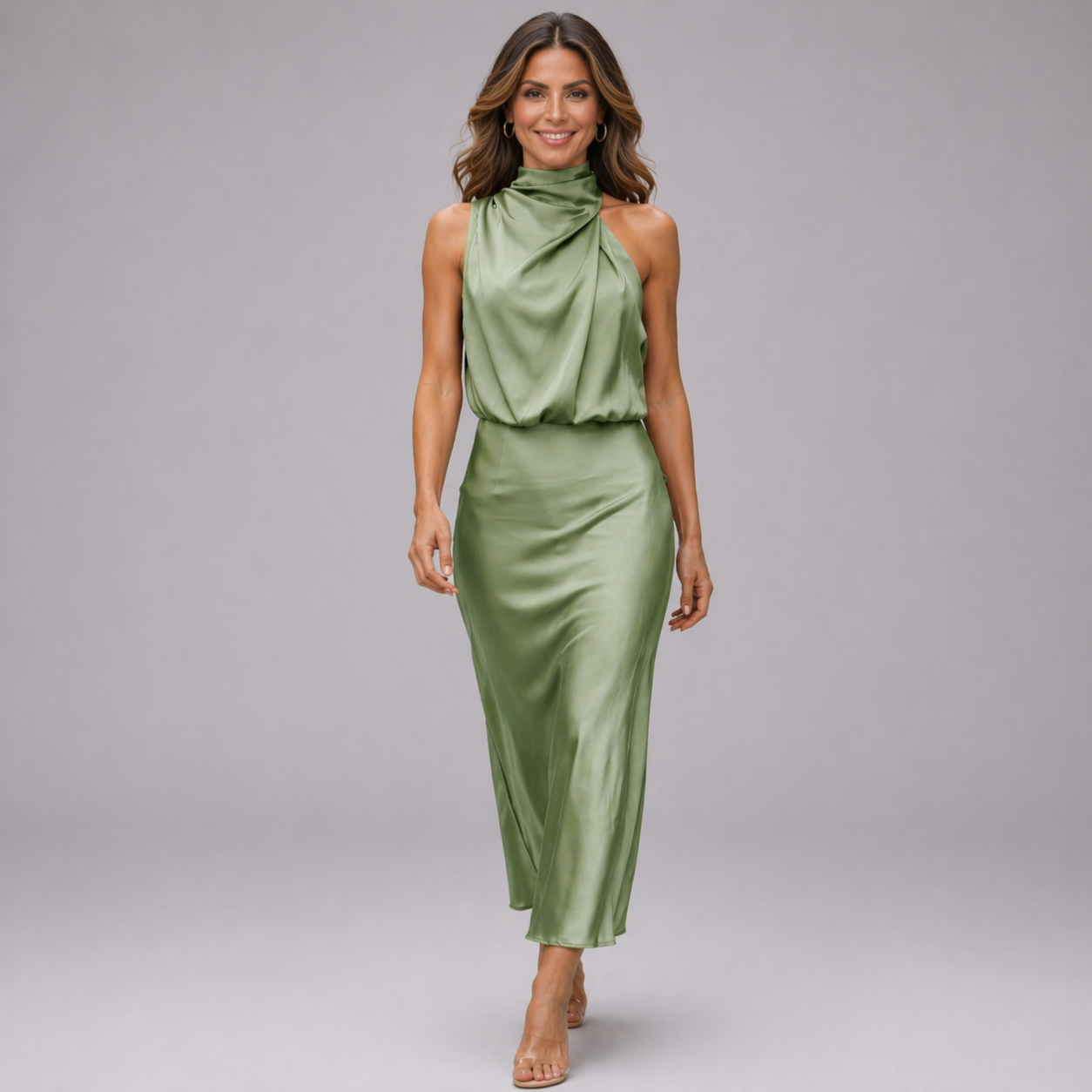 Women's Satin Midi Dress | Halter Neckline, Front Draped