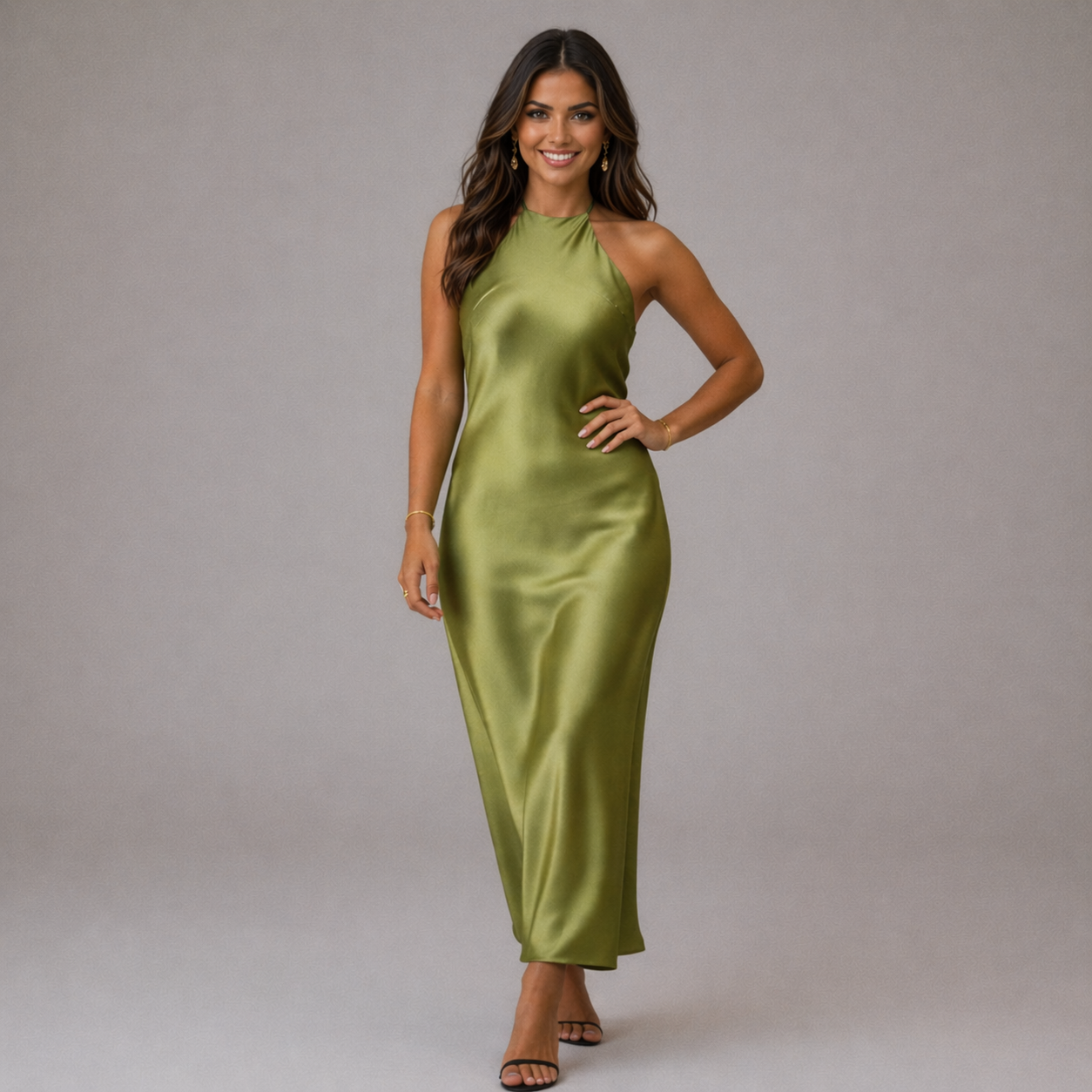 Evening Dress Women, Green Silk Fabric Elegant Style