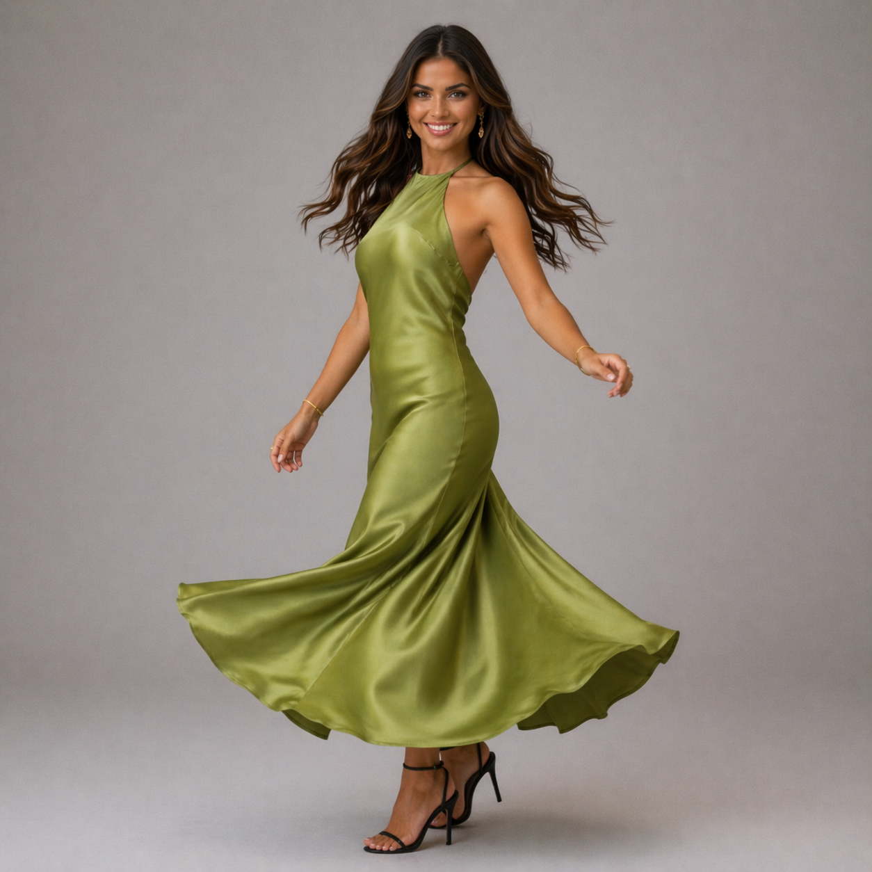 Evening Dress Women, Green Silk Fabric Elegant Style