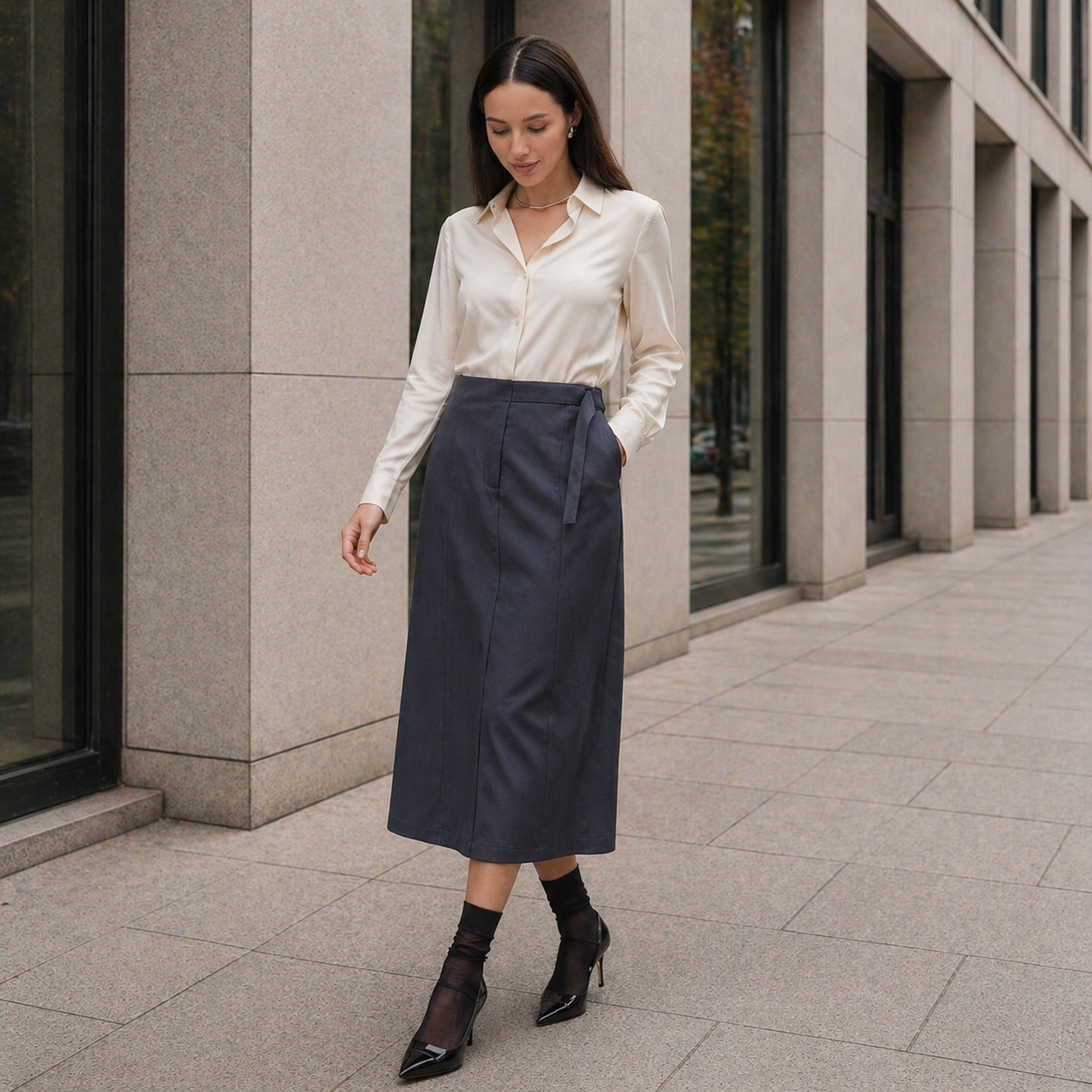 Women's Midi Skirt | Adjustable Waist | Dark Gray