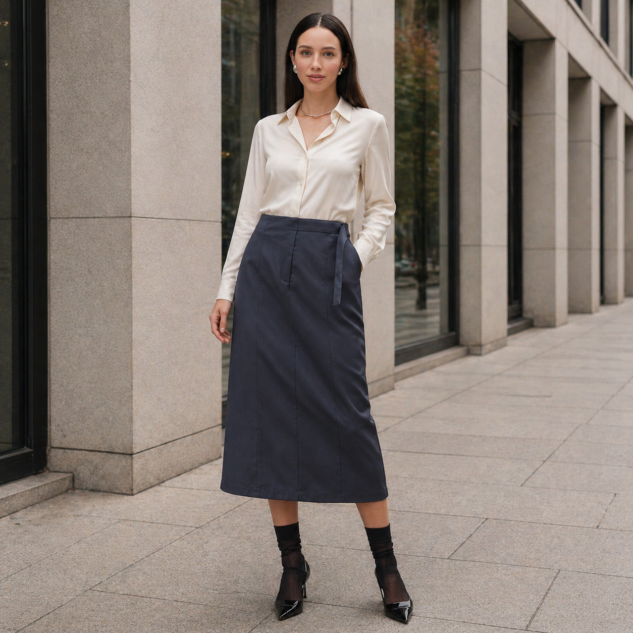 Women's Midi Skirt | Adjustable Waist | Dark Gray