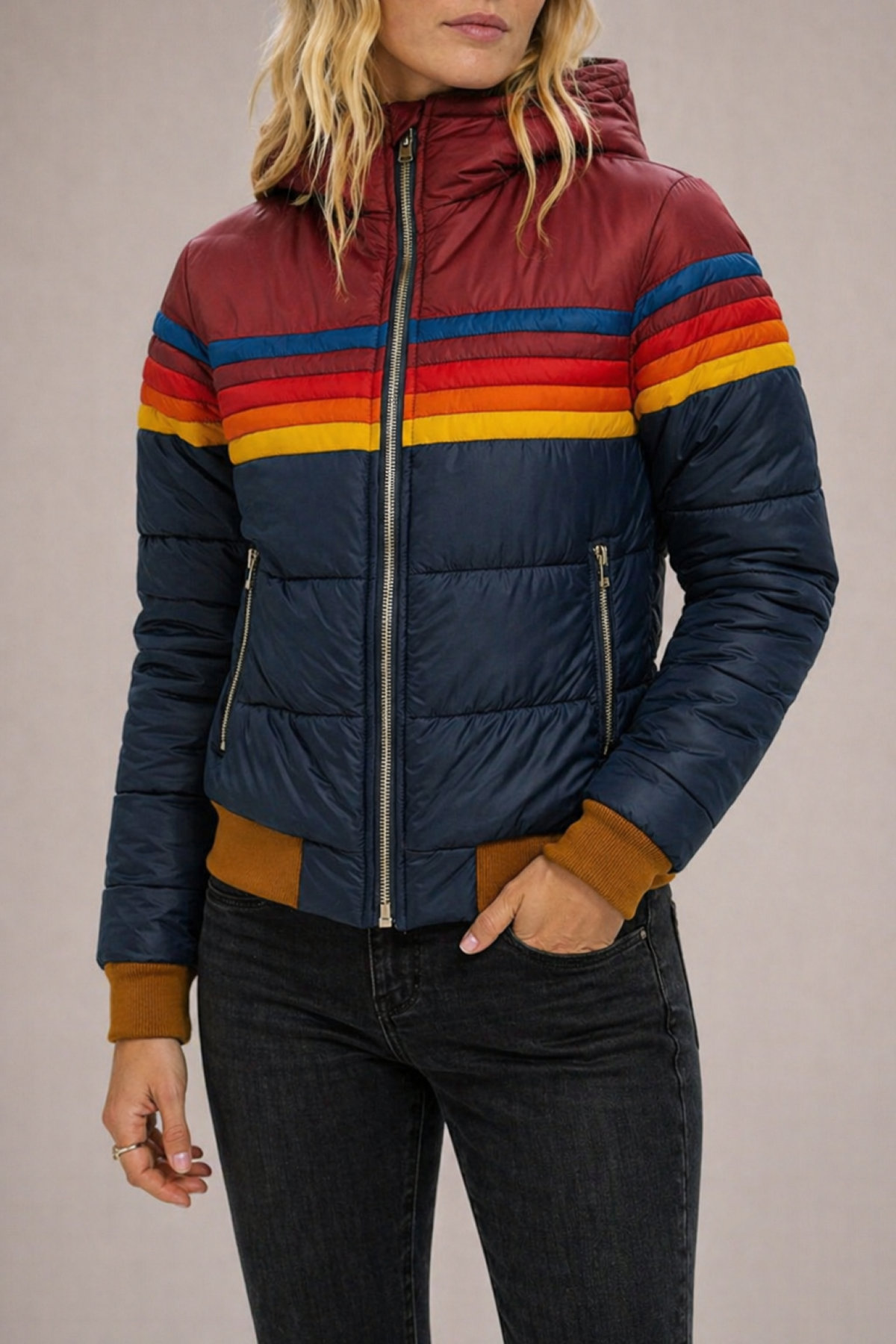 Women colour block puffer jacket hooded quilted insulated winter
