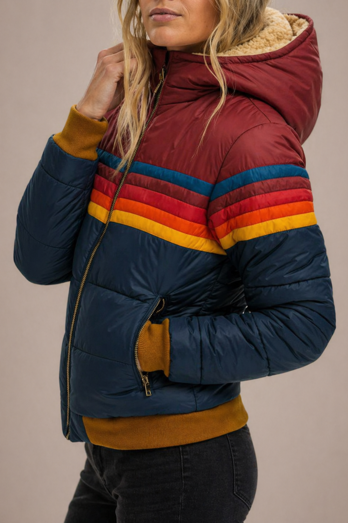 Women colour block puffer jacket hooded quilted insulated winter