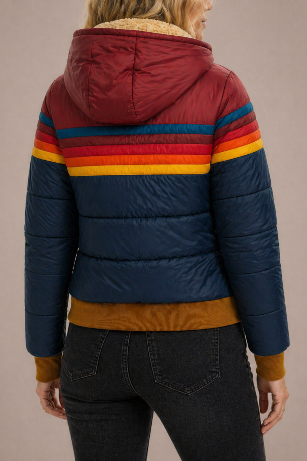 Women colour block puffer jacket hooded quilted insulated winter
