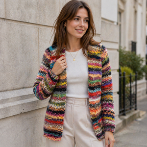 Women's Button-Front Cardigan with Multicolor Pattern