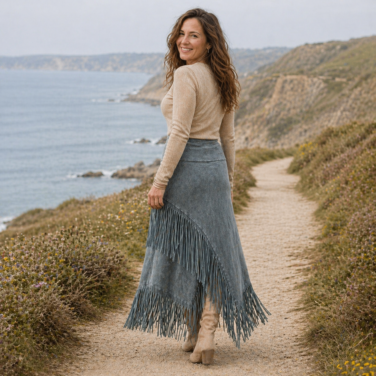 A-Line Maxi Fringe Skirt | Gray | Bohemian Elegance