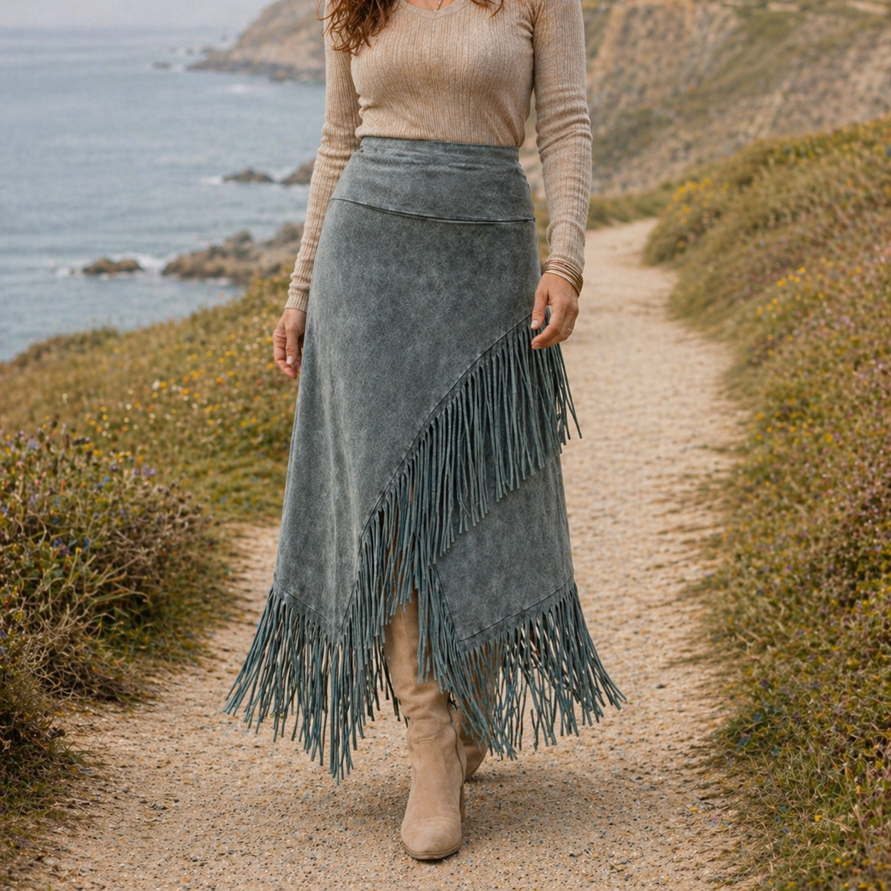 A-Line Maxi Fringe Skirt | Gray | Bohemian Elegance