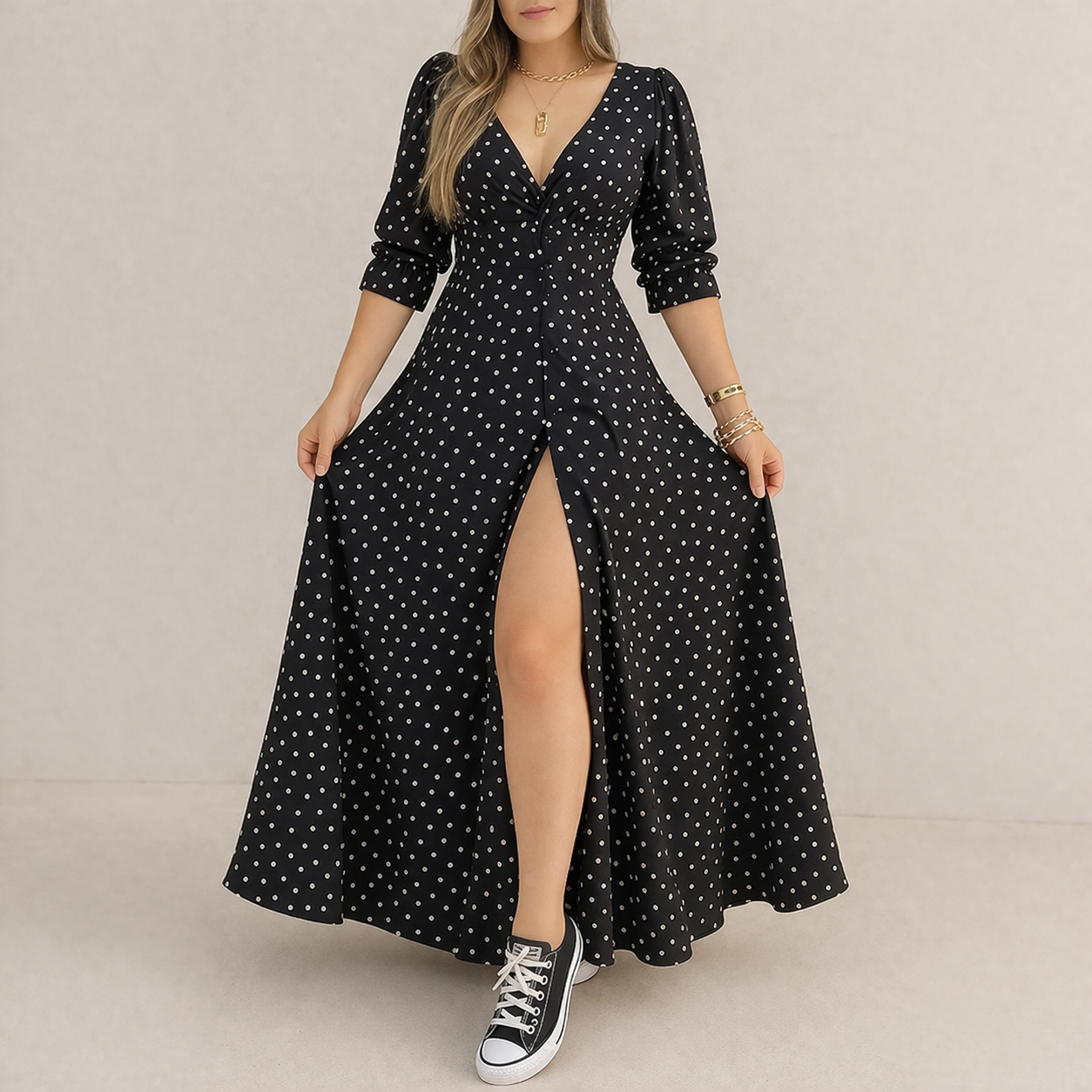 Polka Dot Dress Women's Elegant Classic Style Flowy Fit