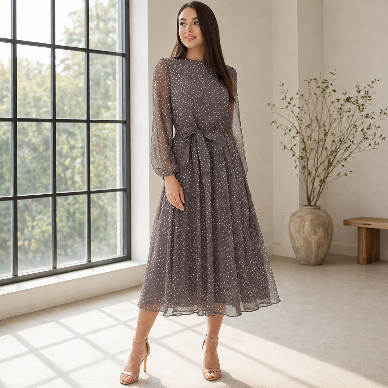 Midi Dress Women's Polka Dot Elegant Flowy Style