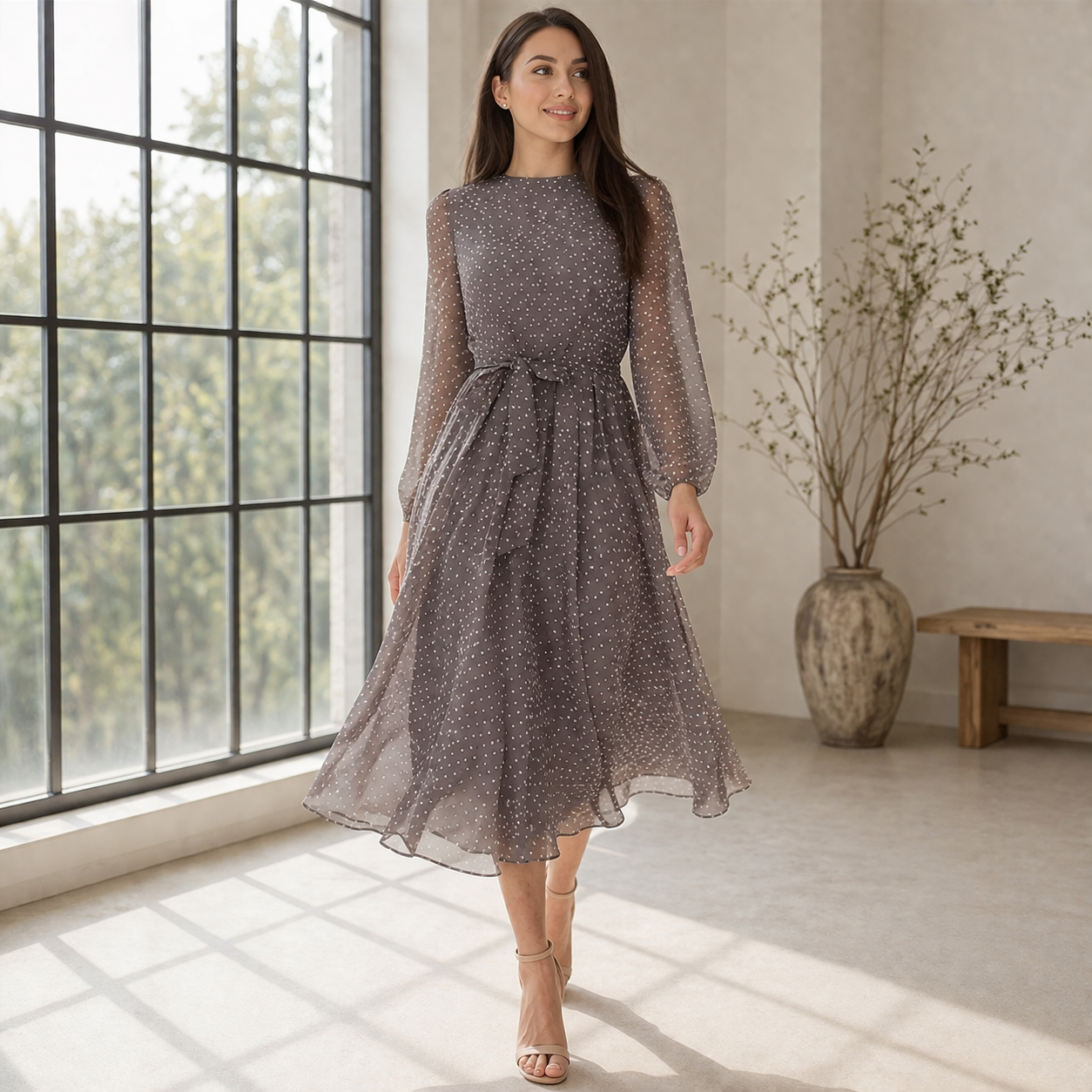 Midi Dress Women's Polka Dot Elegant Flowy Style