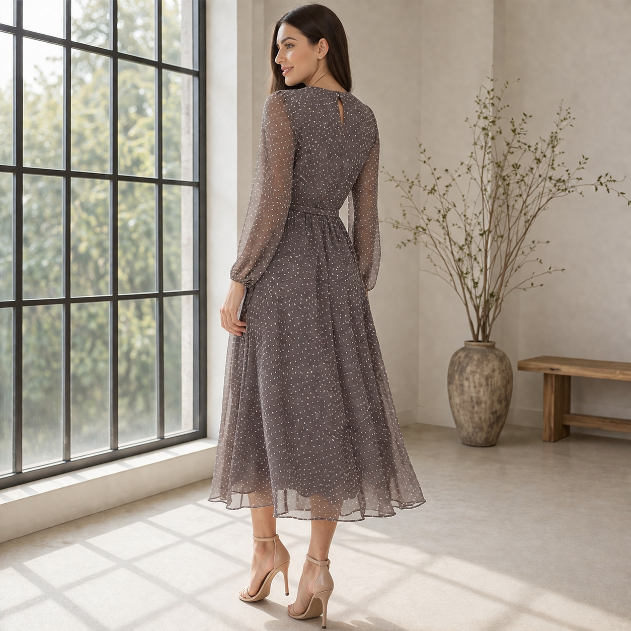 Midi Dress Women's Polka Dot Elegant Flowy Style