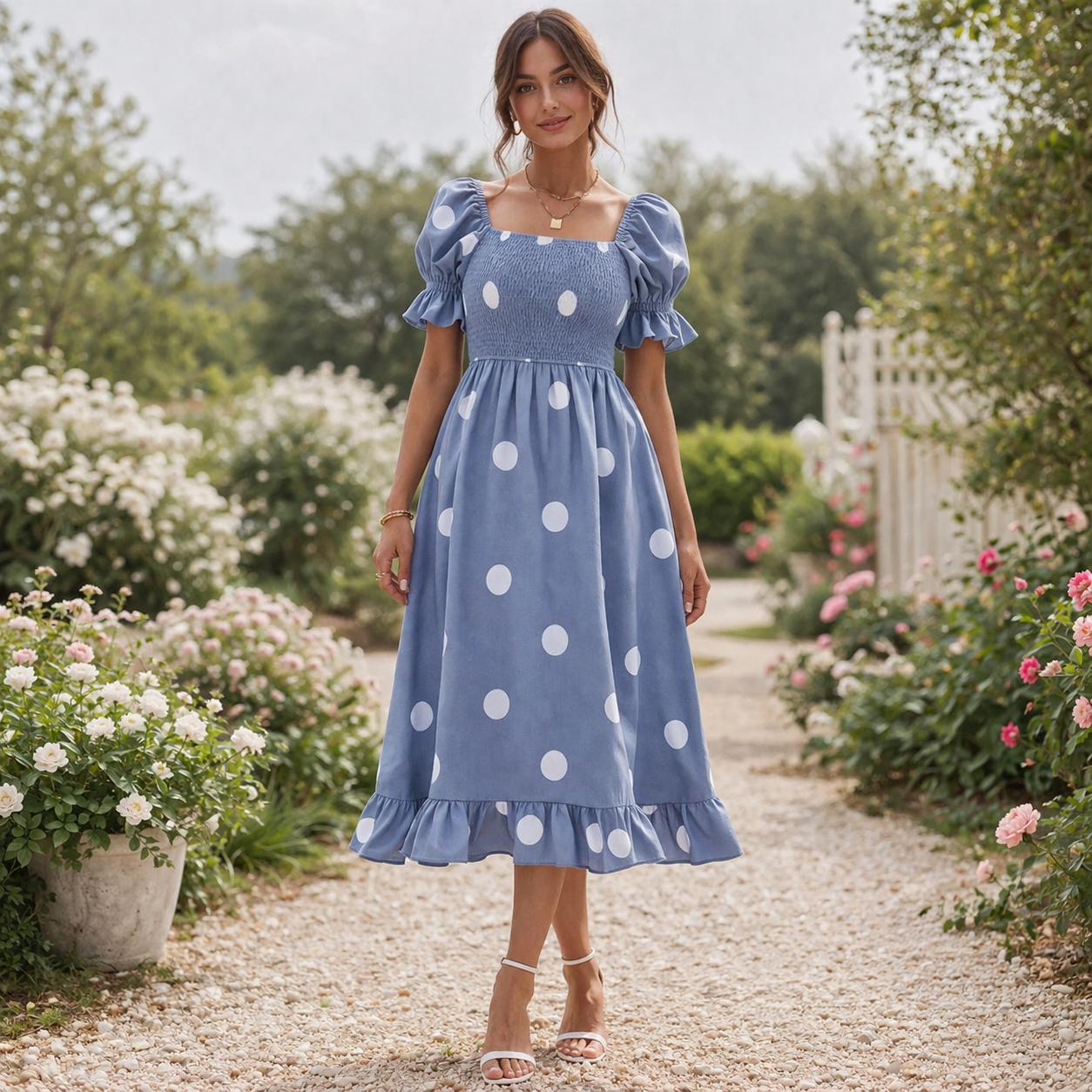 Polka Dot Midi Dress | Women's Puff Sleeve | Elegant Flowy Style