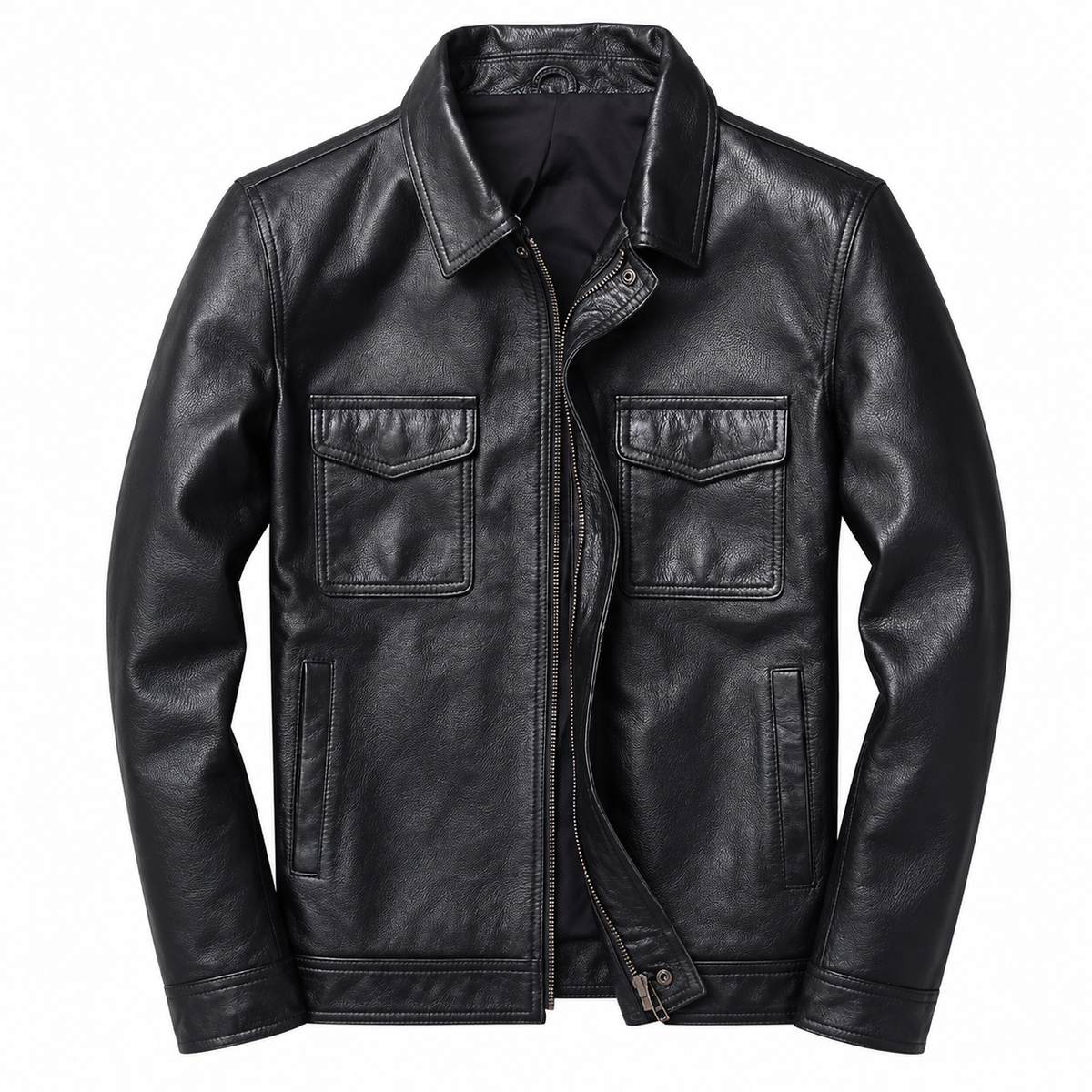Mens leather jacket biker style with genuine leather and zip front