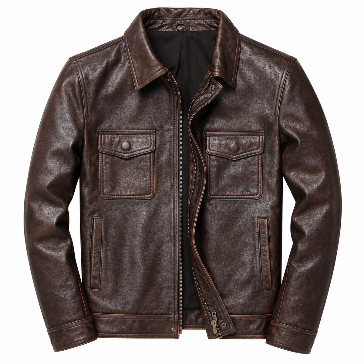 Mens leather jacket biker style with genuine leather and zip front