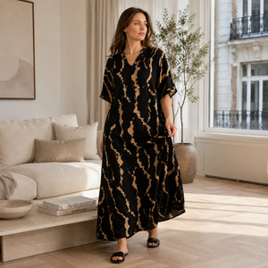 Cotton Maxi Dress with Pockets | Vintage Print, V-Neck | Khaki