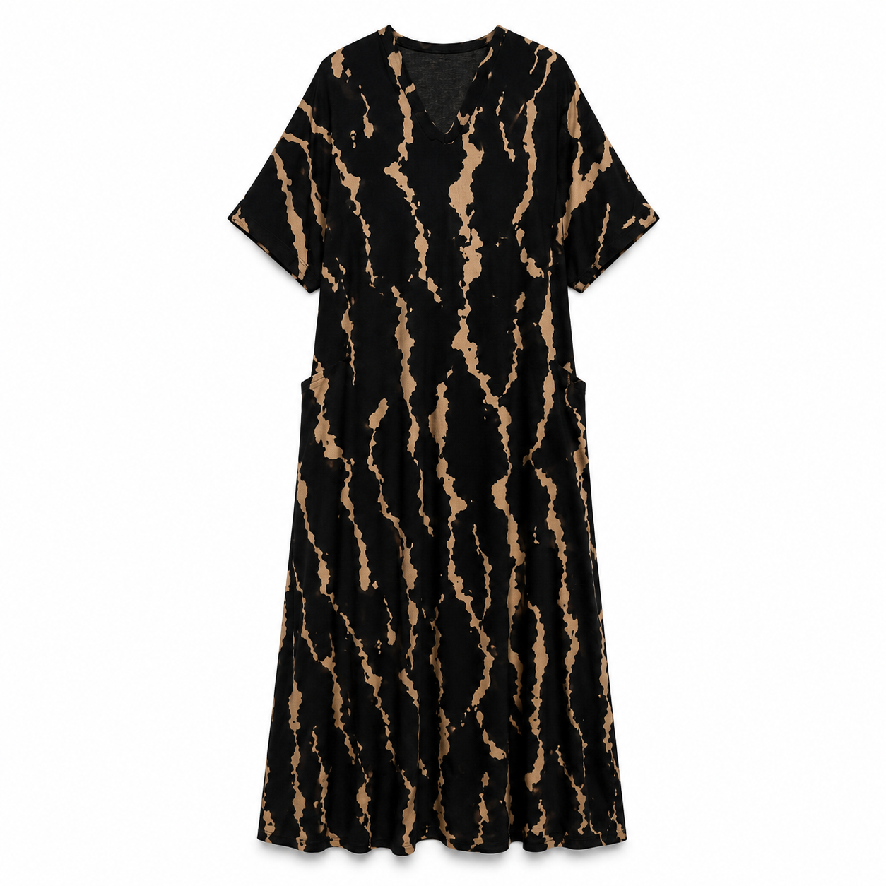 Cotton Maxi Dress with Pockets | Vintage Print, V-Neck | Khaki
