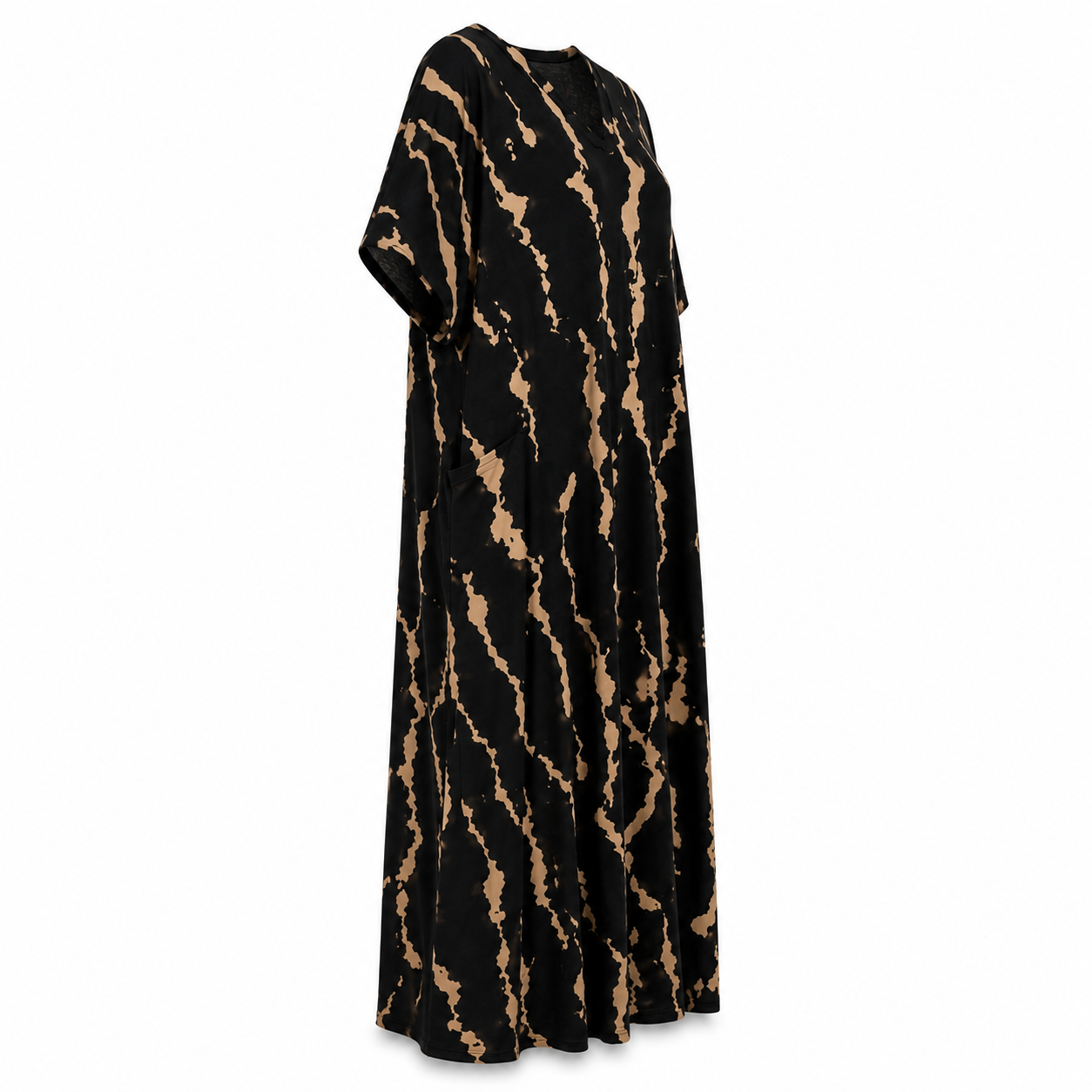 Cotton Maxi Dress with Pockets | Vintage Print, V-Neck | Khaki
