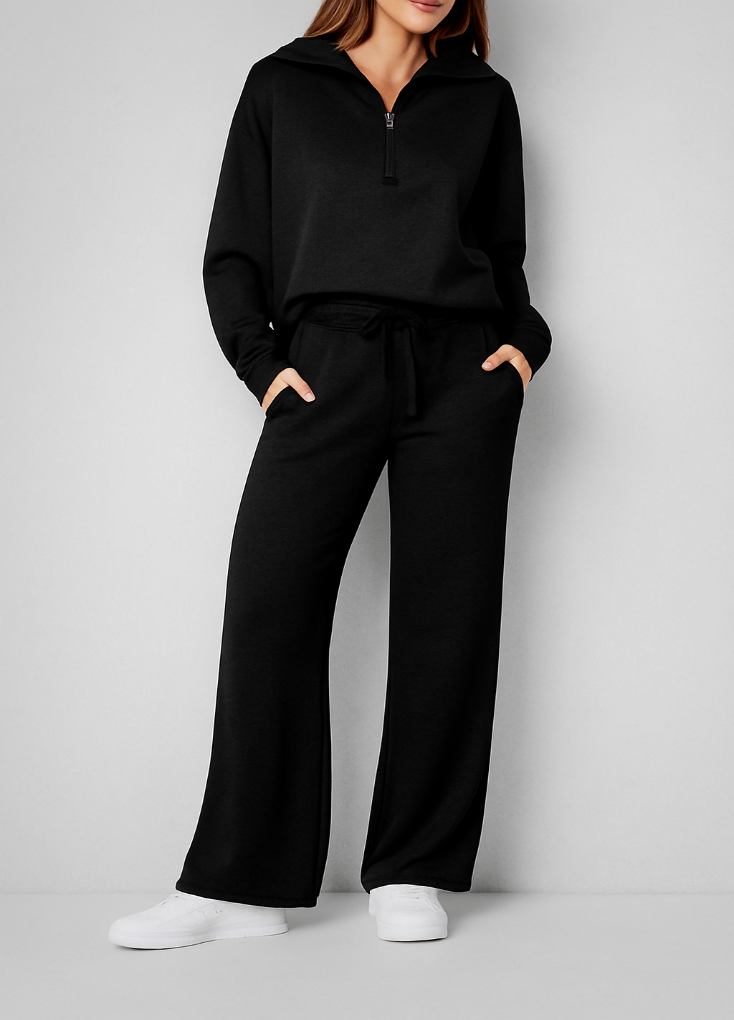 Womens 2 piece zip sweatshirt wide leg set with high waisted trousers and pockets