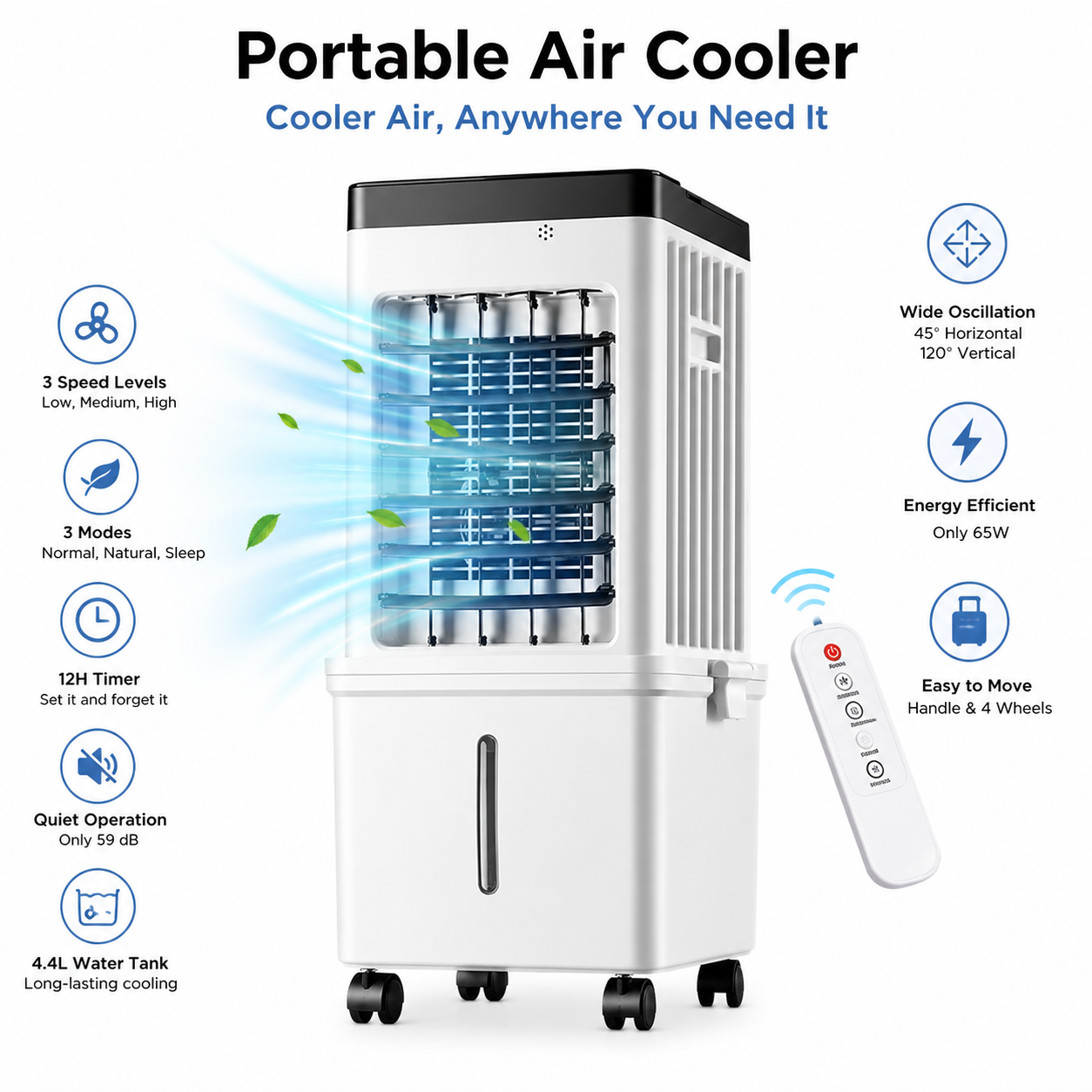 Portable Air Conditioner | Evaporative Cooler, 3 Speeds | Remote Control, 12 h Timer
