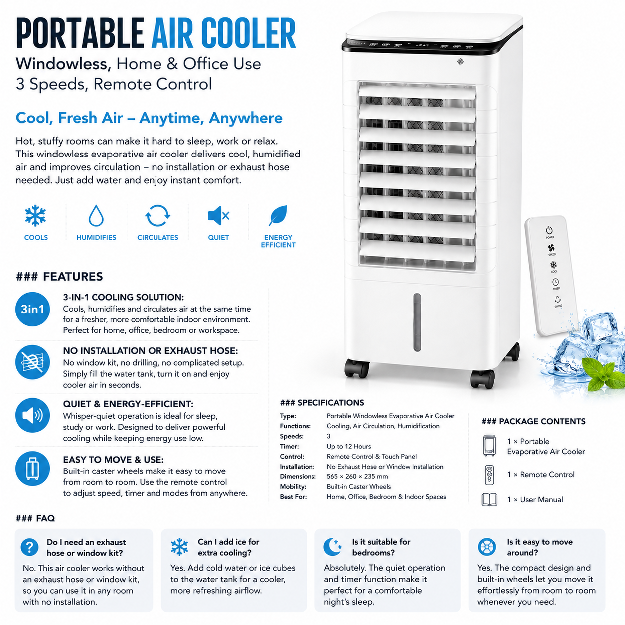 Portable Air Conditioner | Mobile Air Cooler, 4-in-1 | Remote Control, 3 Speeds