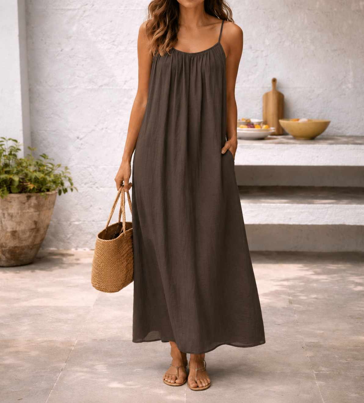 Women's Linen Loose Summer Dress | Spaghetti Strap Maxi