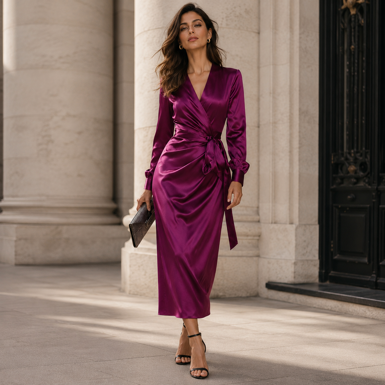 Satin Wrap Midi Dress | Deep Plum | Long Sleeve