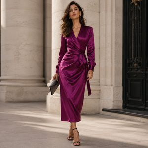 Satin Wrap Midi Dress | Deep Plum | Long Sleeve