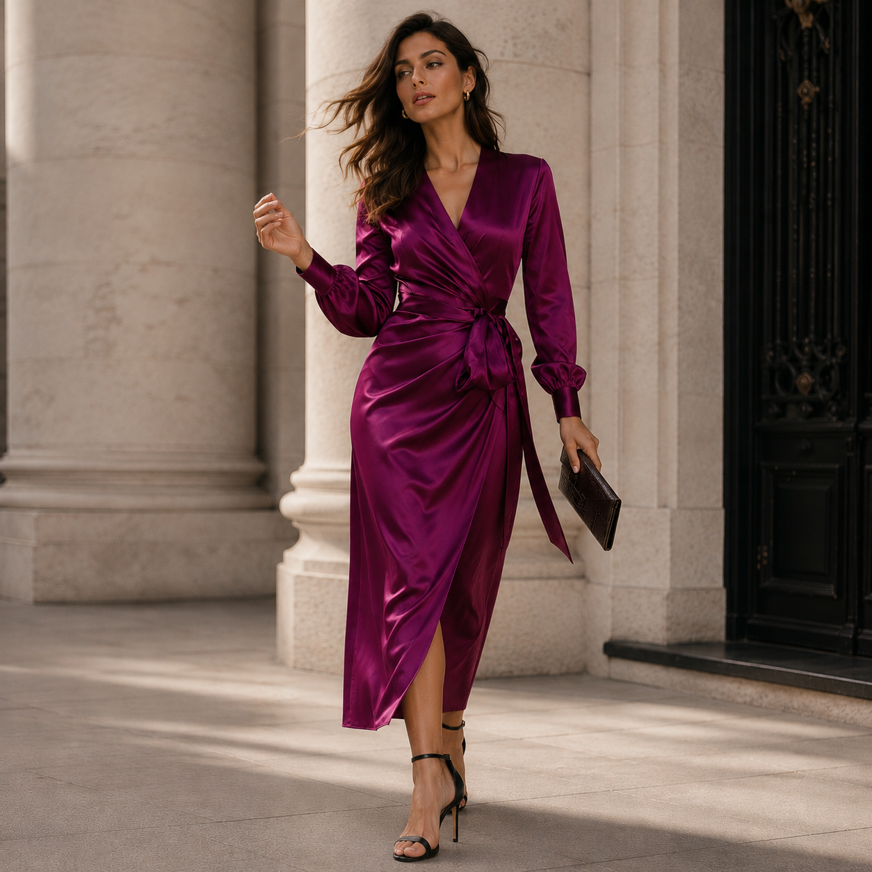 Satin Wrap Midi Dress | Deep Plum | Long Sleeve