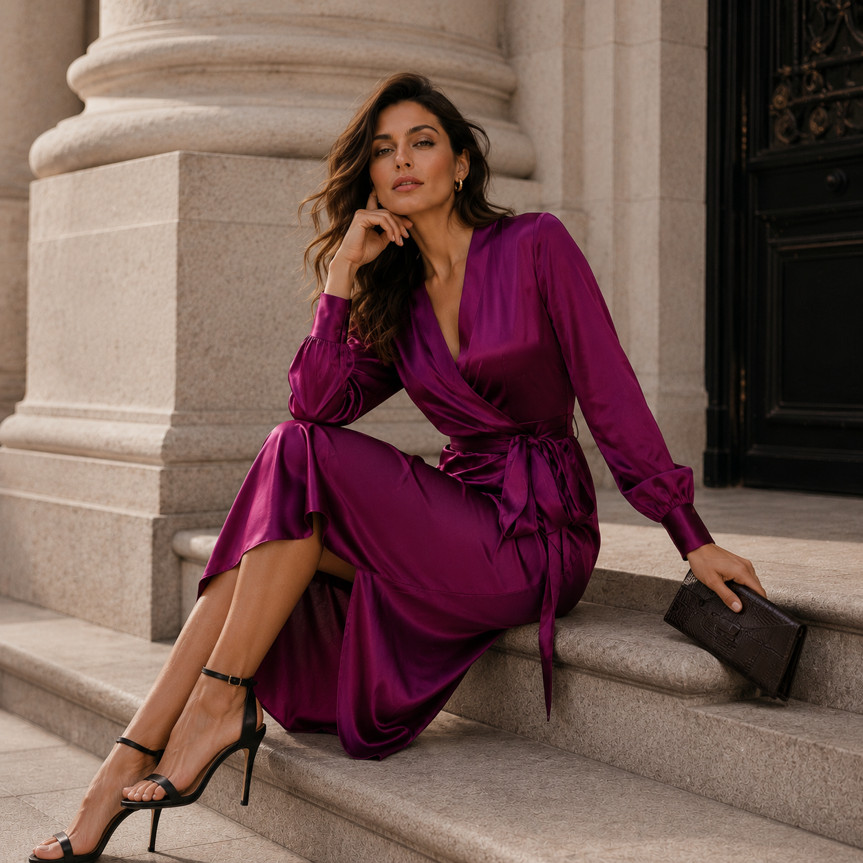 Satin Wrap Midi Dress | Deep Plum | Long Sleeve