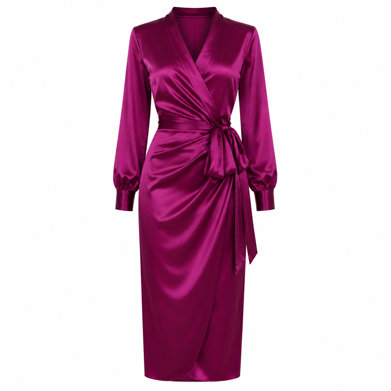 Satin Wrap Midi Dress | Deep Plum | Long Sleeve