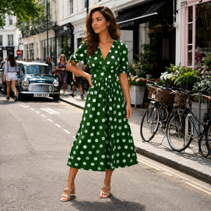 Polka Dot Dress | Midi Style, Short Sleeves | Trendy