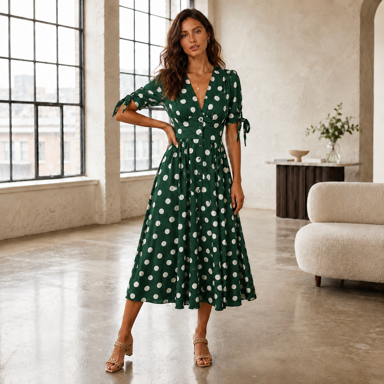 Polka Dot Dress | Women, V-Neck | Button Front Style